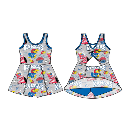 7.11 Preorder (moq 5)Baby Girls Sleeveless Kansas Bows Shorts Team Knee Length Dresses