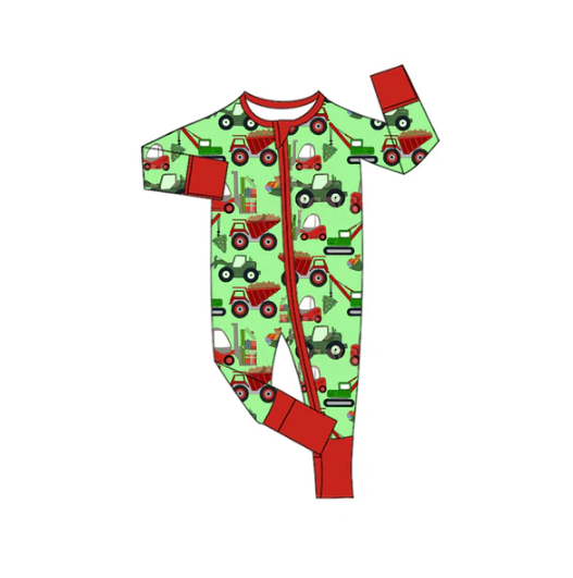 7.12 Preorder moq 5 Baby Infant Boys Long Sleeves Green Excavators Plaid Zipper Romper