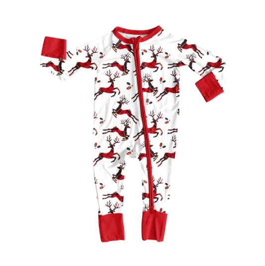 7.12 Preorder moq 5 Baby Infant Boys Long Sleeves Red Holly Deer Plaid Zipper Romper