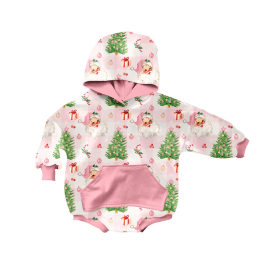 7.12 Preorder moq 5 Baby Infant Girls Long Sleeves Pink Santa Trees Plaid Hoodies Romper