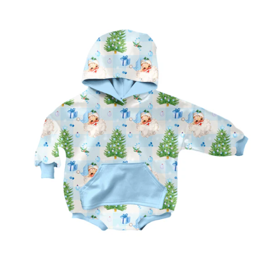 7.12 Preorder moq 5 Baby Infant Boys Long Sleeves Blue Santa Trees Plaid Hoodies Romper