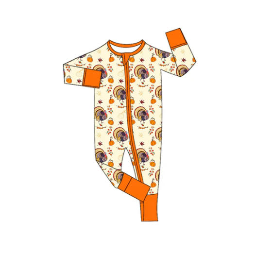 7.12 Preorder moq 5 Baby Infant Boys Long Sleeves Turkey Pumpkins Plaid Zipper Romper