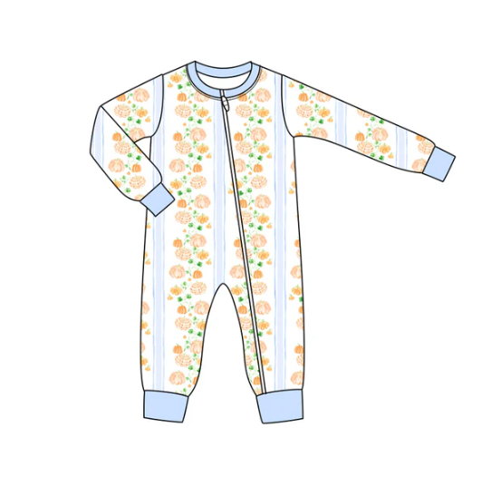 7.12 Preorder moq 5 Baby Infant Boys Long Sleeves Pumpkins Flowers Stripes Zipper Rompers