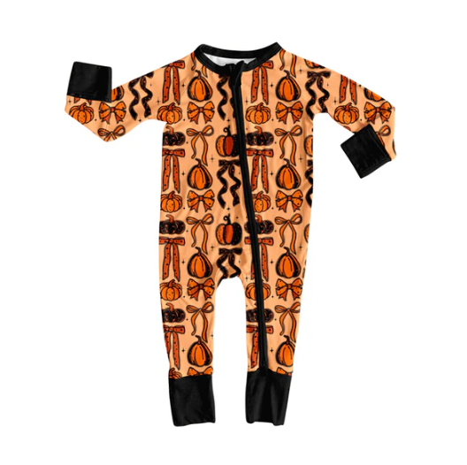 7.12 Preorder moq 5 Baby Infant Boys Long Sleeves Bows Pumpkins Plaid Zipper Rompers