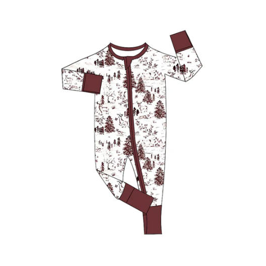7.12 Preorder moq 5 Baby Infant Boys Long Sleeves Brown Deer Trees Zipper Rompers