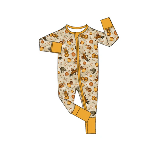 7.12 Preorder moq 5 Baby Infant Boys Long Sleeves Pumpkins Turkey Plaid Zipper Rompers