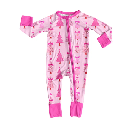 7.12 Preorder moq 5 Baby Infant Girls Long Sleeves Pink Bows Trees Plaid Zipper Rompers