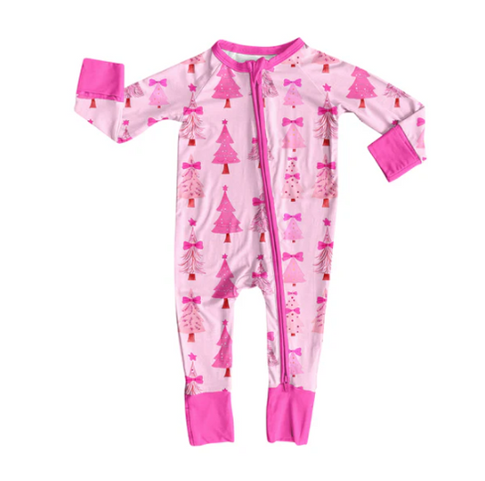 7.12 Preorder moq 5 Baby Infant Girls Long Sleeves Pink Bows Trees Plaid Zipper Rompers