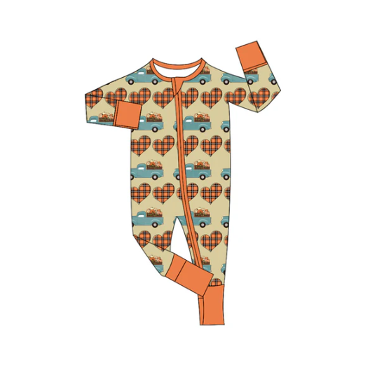 7.12 Preorder moq 5 Baby Infant Boys Long Sleeves Pumpkins Hearts Plaid Zipper Rompers