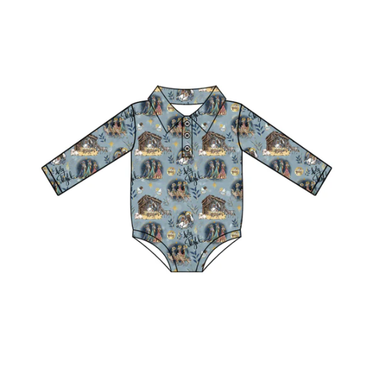 7.12 Preorder moq 5 Baby Infant Boys Long Sleeves Christmas Nativity Plaid Button Rompers