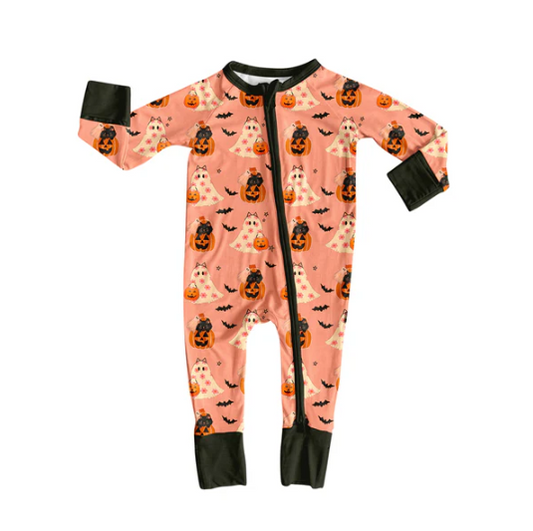 7.12 Preorder moq 5 Baby Infant Girls Long Sleeves Ghost Pumpkins Bats Plaid Zipper Rompers