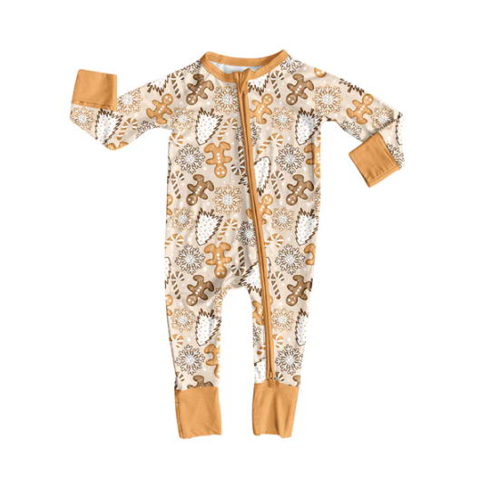 7.12 Preorder moq 5 Baby Infant Girls Long Sleeves Yellow Gingerbread Trees Zipper Rompers