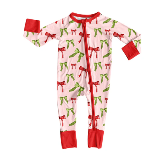 7.12 Preorder moq 5 Baby Infant Girls Long Sleeves Red Green Bows Plaid Zipper Rompers