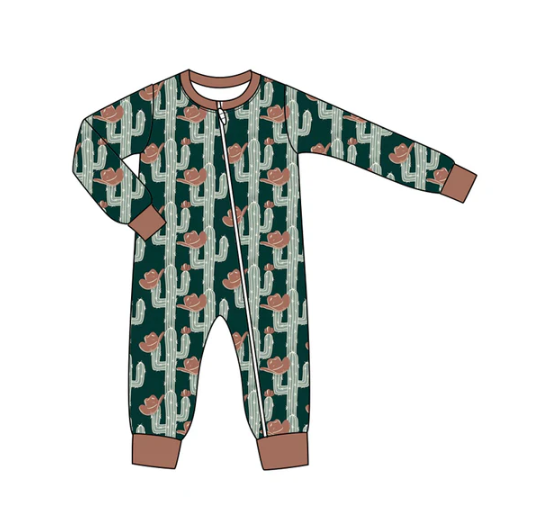 7.12  Preorder moq 5 Baby Infant Boys Long Sleeves Green Cactus Hats Plaid Zipper Rompers