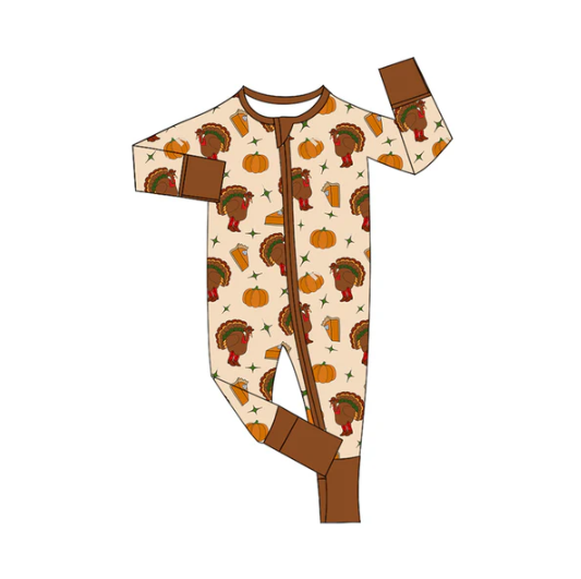 7.12 Preorder moq 5 Baby Infant Boys Long Sleeves Turkey Pumpkins Pie Plaid Zipper Rompers