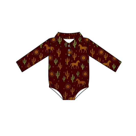 7.12 Preorder moq 5 Baby Infant Boys Long Sleeves Cactus Horses Plaid Button Rompers
