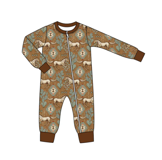 7.12 Preorder moq 5 Baby Infant Boys Long Sleeves Brown Horses Aztec Plaid Zipper Rompers