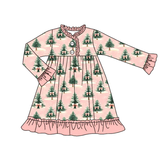 7.12 Preorder (moq 5)Baby Girls Long Ruffle Sleeves Christmas Trees Button Knee Length Dresses