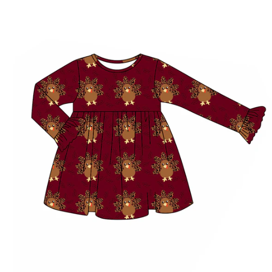 7.12 Preorder (moq 5)Baby Girls Long Ruffle Sleeves Leopard Turkey Plaid Knee Length Dresses