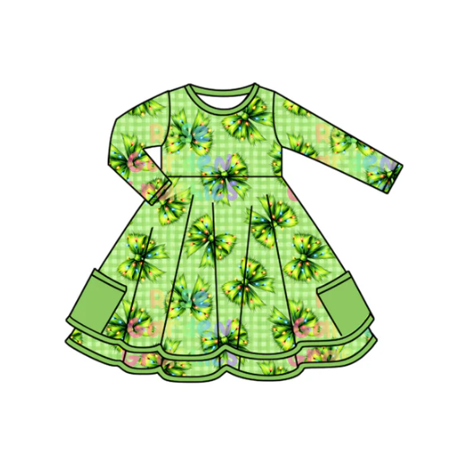 7.12  Preorder (moq 5)Baby Girls Long Sleeves Green Plaid Bows Pockets Knee Length Dresses
