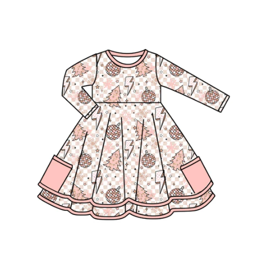 7.12  Preorder (moq 5)Baby Girls Long Sleeves Christmas Trees Lights Plaid Pockets Knee Length Dresses
