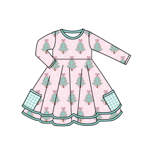 7.12  Preorder (moq 5)Baby Girls Long Sleeves Bows Christmas Trees Plaid Pockets Knee Length Dresses