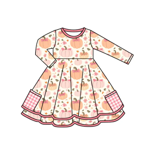 7.12  Preorder (moq 5)Baby Girls Long Sleeves Pink Flowers Pumpkins Pockets Knee Length Dresses