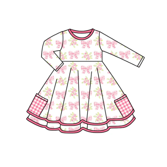 7.12  Preorder (moq 5)Baby Girls Long Sleeves Pink Plaid Bows Flowers Pockets Knee Length Dresses