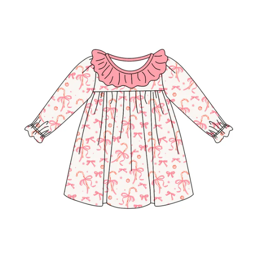 7.12  Preorder (moq 5)Baby Girls Long Ruffle Sleeves Pink Bows Candy Cane Knee Length Dresses