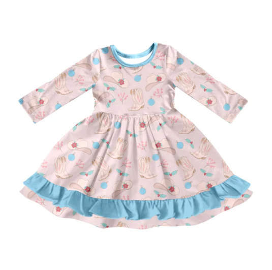 7.12  Preorder (moq 5)Baby Girls Long Sleeves Holly Hats Boots Plaid Ruffle Knee Length Dresses