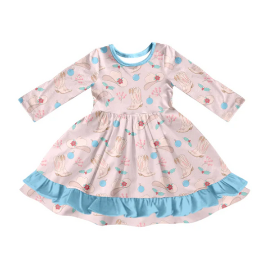 7.12  Preorder (moq 5)Baby Girls Long Sleeves Holly Hats Boots Plaid Ruffle Knee Length Dresses