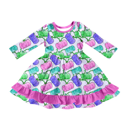 7.12 Preorder (moq 5)Baby Girls Long Sleeves Colorful Pumpkins Plaid Ruffle Knee Length Dresses