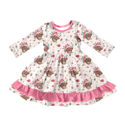 7.12 Preorder (moq 5)Baby Girls Long Sleeves Lights Highland Cows Plaid Ruffle Knee Length Dresses