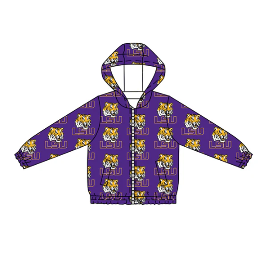 7.14 Preorder (moq 5)Baby Boys Long Sleeves Purple Tigers LSU Plaid Pockets Zipper Hoodies Top