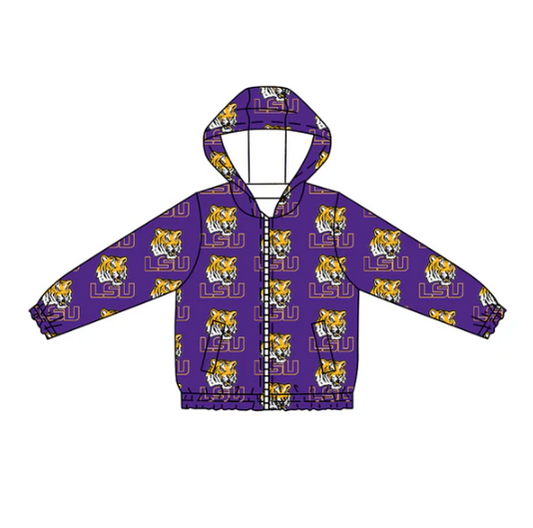 7.14 Preorder (moq 5)Baby Boys Long Sleeves Purple Tigers LSU Plaid Pockets Zipper Hoodies Top