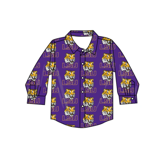 7.14 AIER-1  Preorder (moq 5)Baby Boys Long Sleeves Tigers LSU Plaid Team Zipper Shirts Top