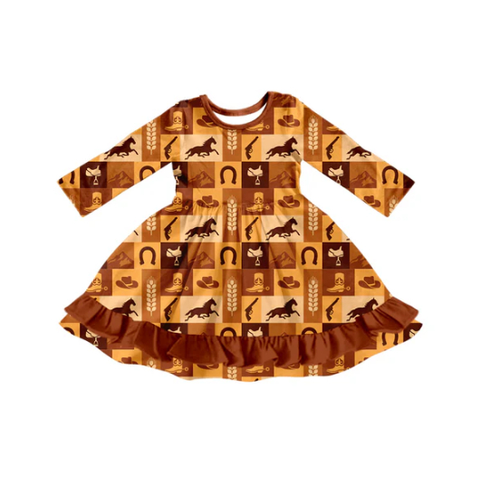 7.14 Preorder (moq 5)Baby Girls Long Sleeves Horses Boots Hunting Ruffle Knee Length Dresses