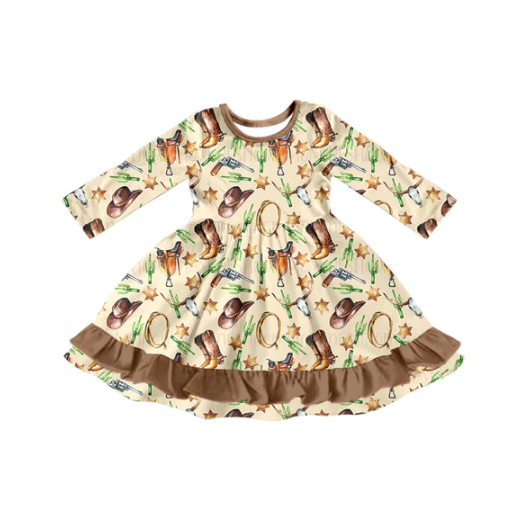 7.14 Preorder (moq 5)Baby Girls Long Sleeves Boots Hats Hunting Ruffle Knee Length Dresses