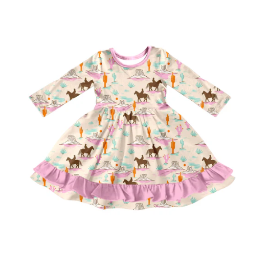 7.14 Preorder (moq 5)Baby Girls Long Sleeves Bull Skull Aztec Stripes Ruffle Knee Length Dresses