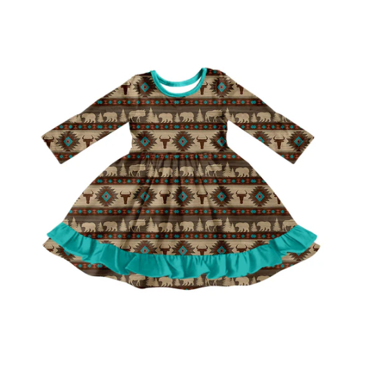 7.14 Preorder (moq 5)Baby Girls Long Sleeves Bull Skull Aztec Stripes Ruffle Knee Length Dresses