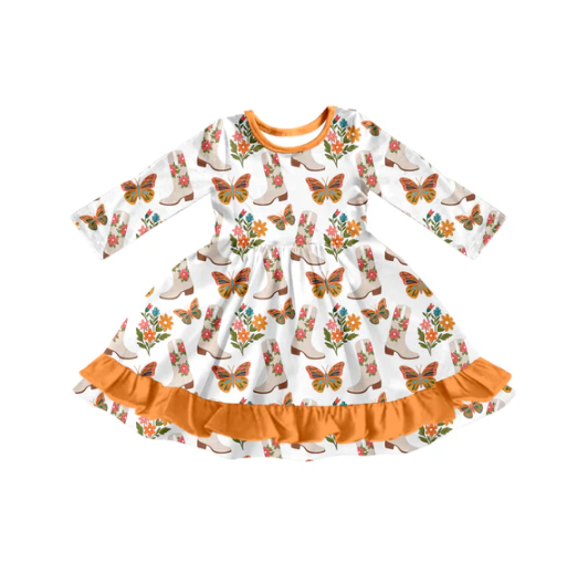 7.14 Preorder (moq 5)Baby Girls Long Sleeves Butterfly Floral Boots Ruffle Knee Length Dresses