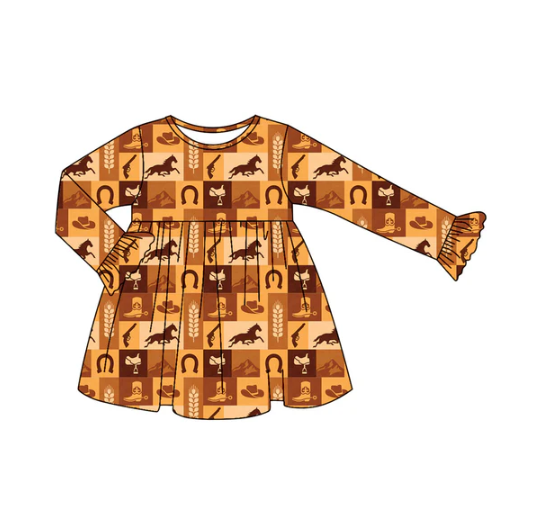 7.14 Preorder (moq 5)Baby Girls Long Ruffle Sleeves Horses Boots Hunting Knee Length Dresses