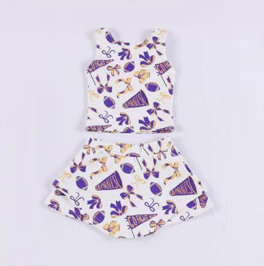 7.15 Preorder moq 5 Baby Girls Sleeveless Purple Football Cheer Plaid Vest Top Skorts Team Set