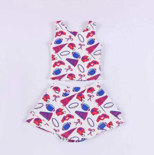 7.15 Preorder moq 5 Baby Girls Sleeveless Blue Football Cheer Plaid Vest Top Skorts Team Set