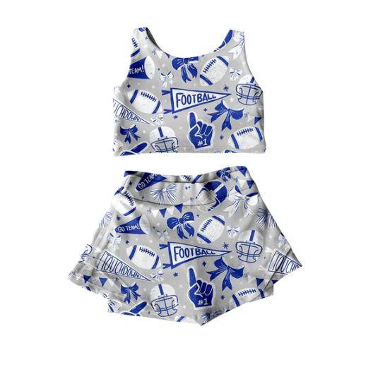 7.15 Preorder moq 5 Baby Girls Sleeveless Blue Football Cheer Plaid Vest Top Skorts Team Set