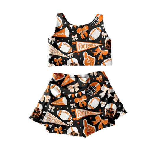 7.15 Preorder moq 5 Baby Girls Sleeveless Orange Football Cheer Plaid Vest Top Skorts Team Set