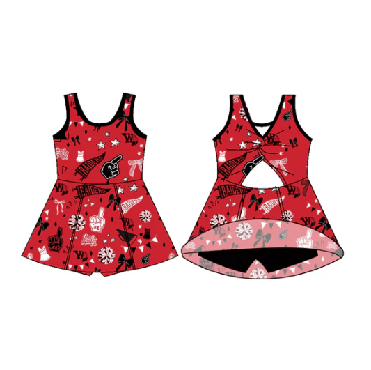 7.15 Preorder (moq 5)Baby Girls Sleeveless Red Raiders Bows Football Team Shorts Dresses