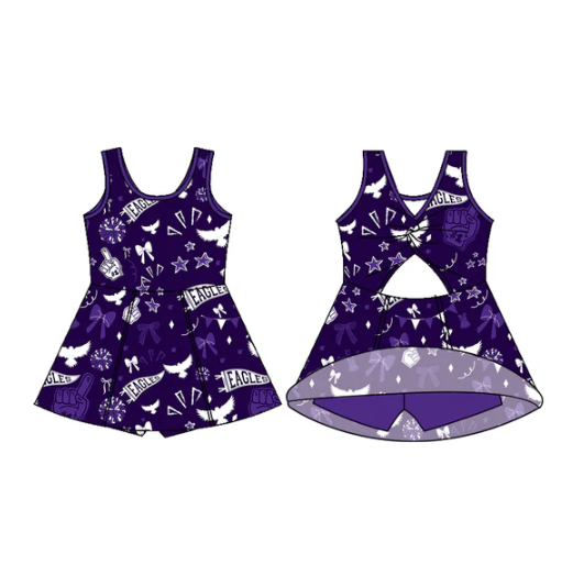 7.15 Preorder (moq 5)Baby Girls Sleeveless Purple Eagles Bows Football Team Shorts Dresses