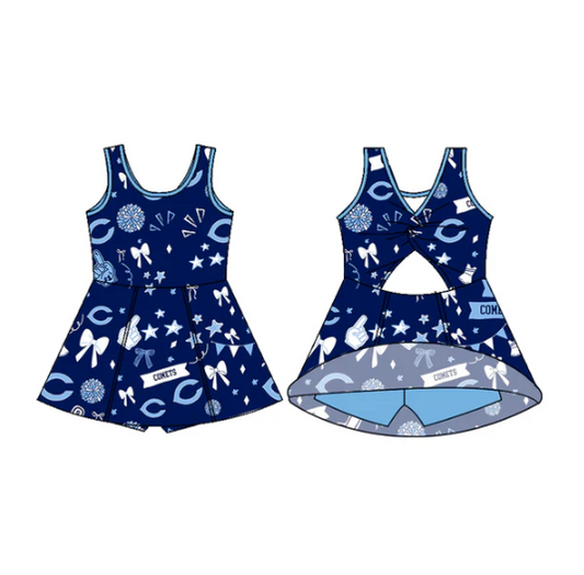 7.15 Preorder (moq 5)Baby Girls Sleeveless Comets Navy Bows Football Team Shorts Dresses