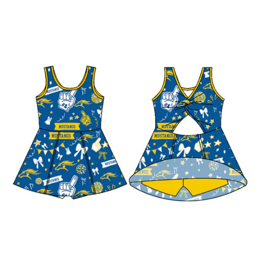 7.15 Preorder (moq 5)Baby Girls Sleeveless Mustangs Blue Bows Football Team Shorts Dresses